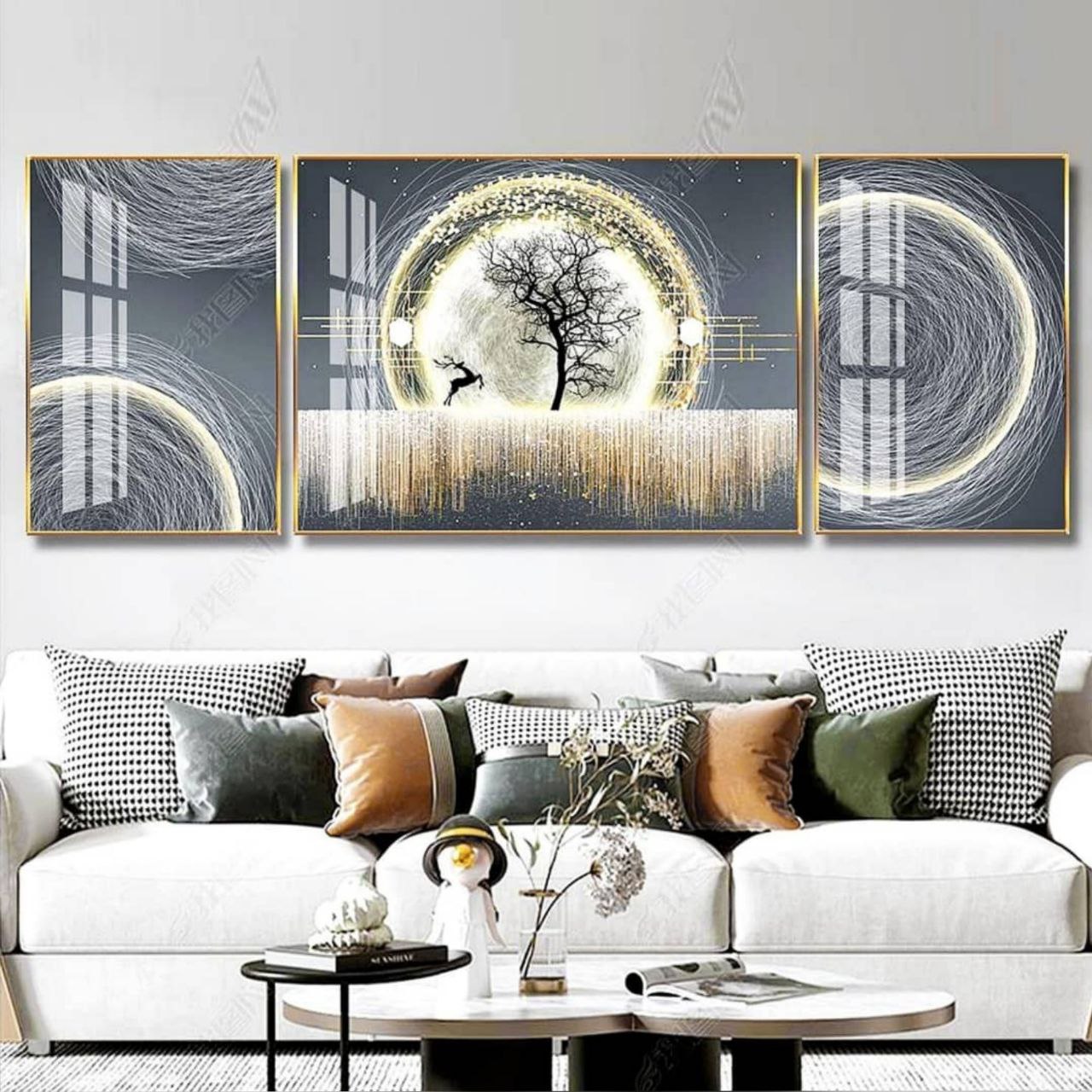 تابلو دکوراتیو ۳تیکه مدرن طرح زمینه طوسی مدل ماه و گوزن کد۰۰۲۴۶