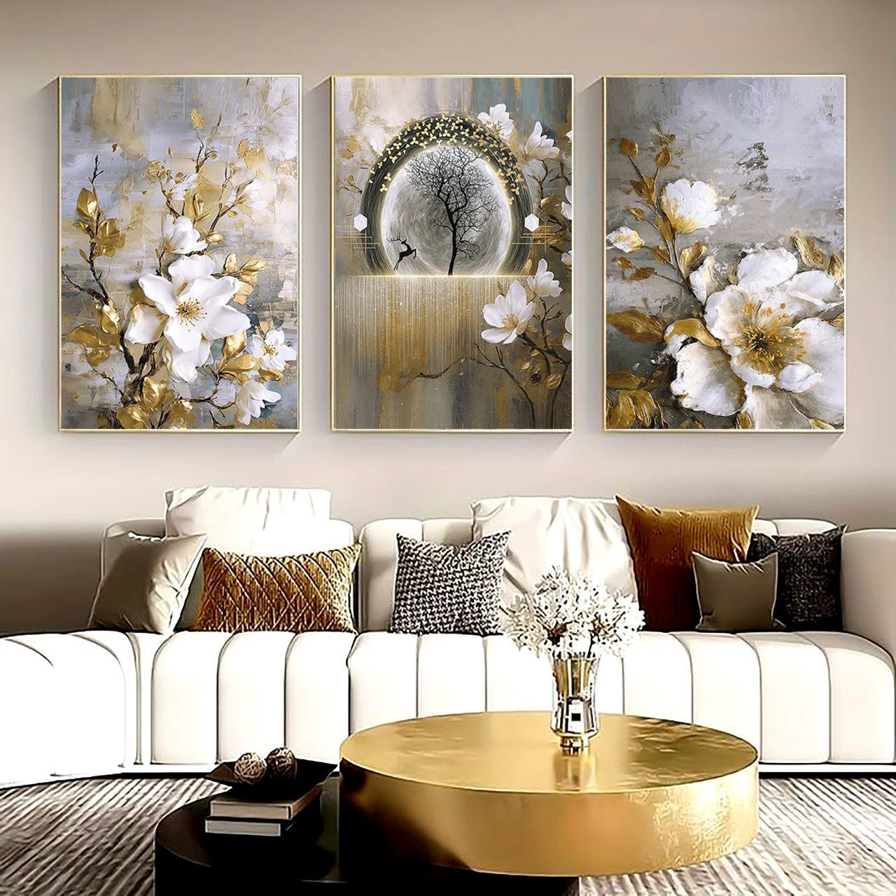 تابلو دکوراتیو ۳تیکه مدرن طرح گل مدل درخت و ماه کد ۰۰۰۷۶۵۴۱