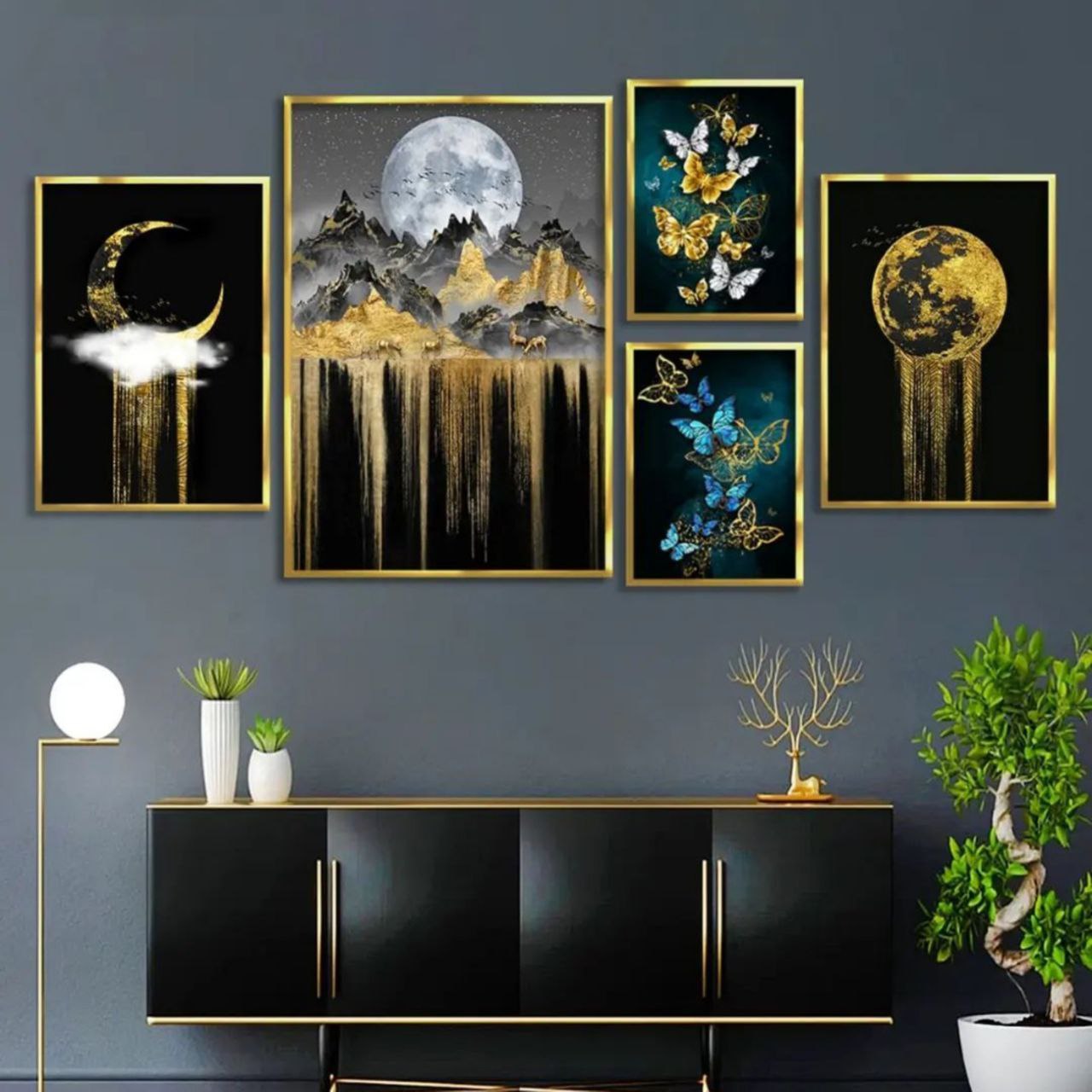 تابلو دکوراتیو ۵ تکه مدرن طرح ریزش ماه طلاییy۹۷