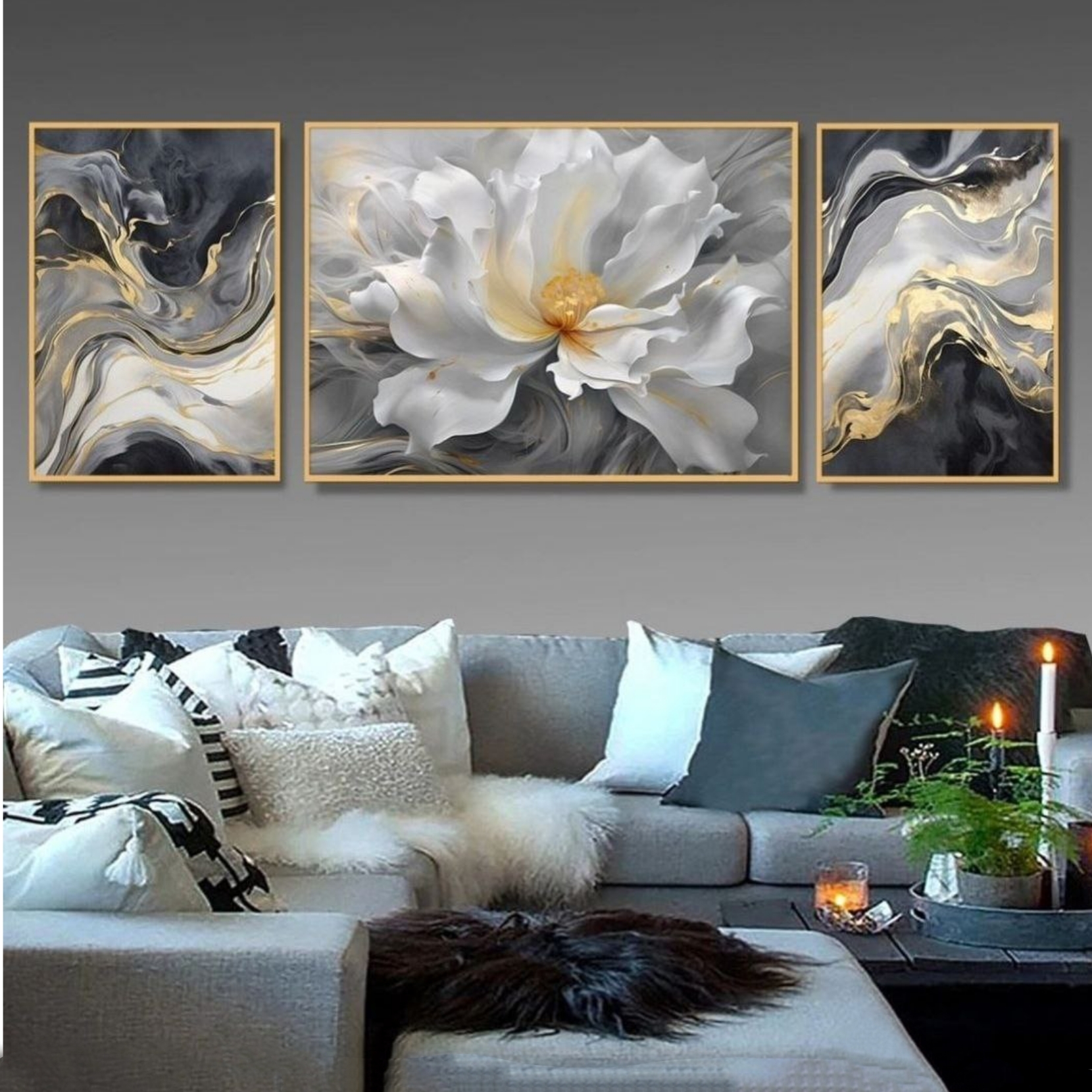 تابلو دکوراتیو ۳تیکه مدرن طرح گل و موج  کد۰۰۰۳۱۳