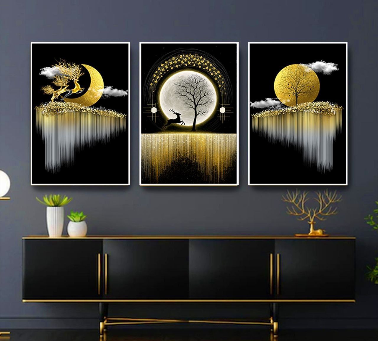 تابلو دکوراتیو ۳تیکه مدرن طرح خورشیدی مدل ماه و گوزن کد ۰۰۰۶۷۱