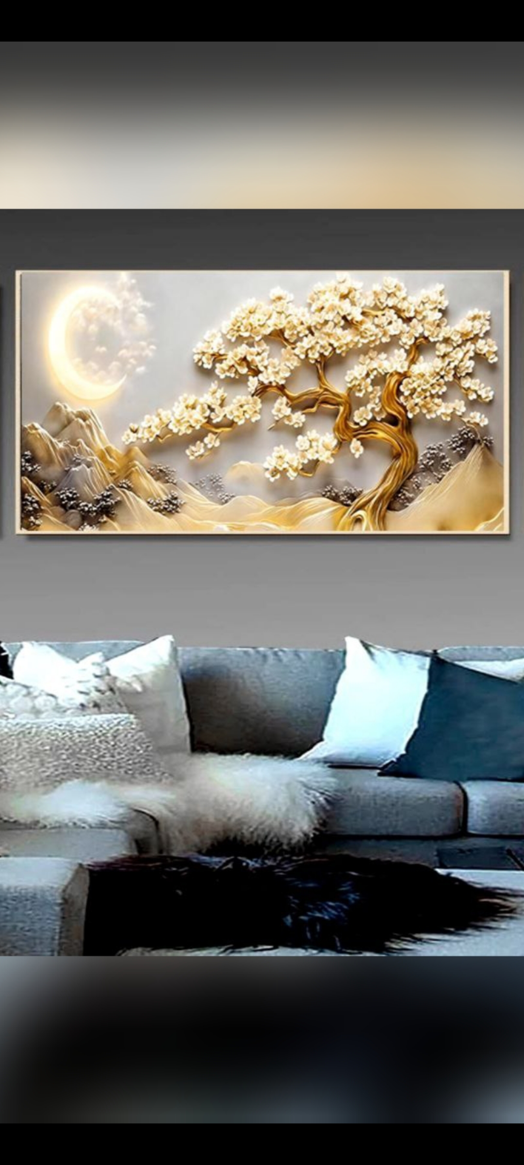 تابلو یک عددی طرح درخت و ماه سایز۴۳×۶۳ فریم طلایی