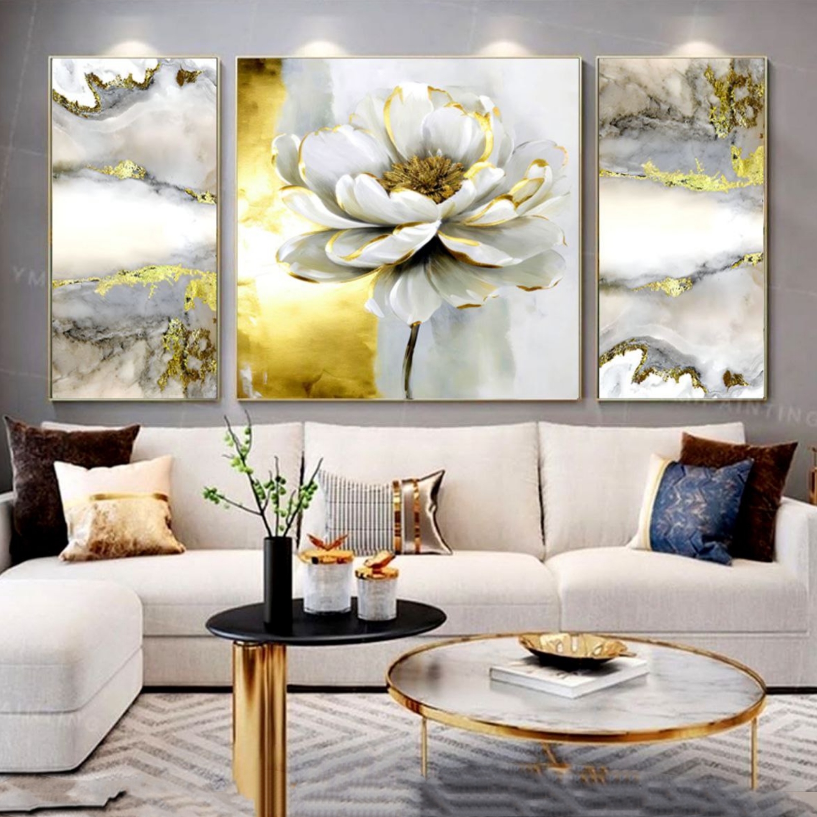 تابلو دکوراتیو سه تیکه طرح گل مدل کمند کد ۰۰۰۵۴۲۲