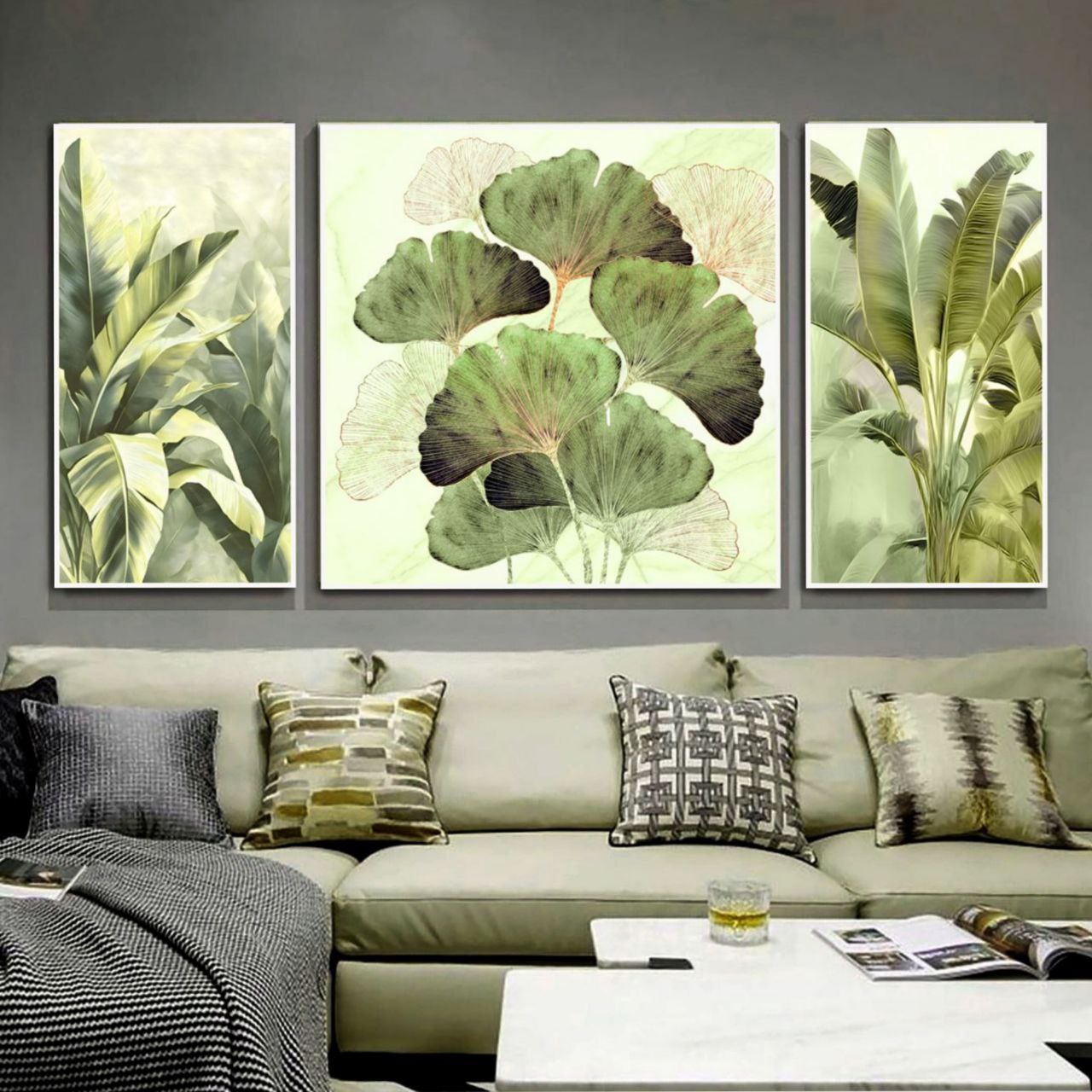 تابلو دکوراتیو سه تیکه طرح مدرن مدل برگهای بهاری کد ۰۰۸۶۶۵