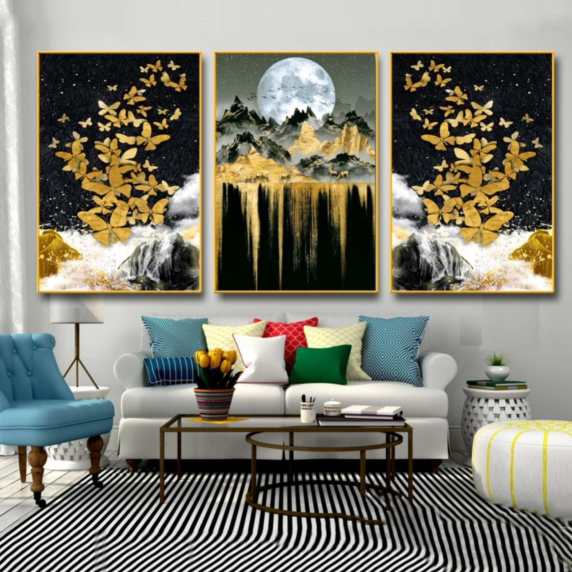 تابلو دکوراتیو ۳تیکه مدرن طرح جلای ماه و پروانه کد ۰۰۷۶۲۱