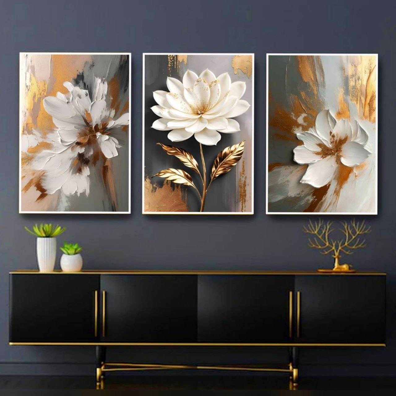 تابلو دکوراتیو ۳تیکه مدرن طرح گل مدل نقاشی پتینه کد ۰۰۲۷۵