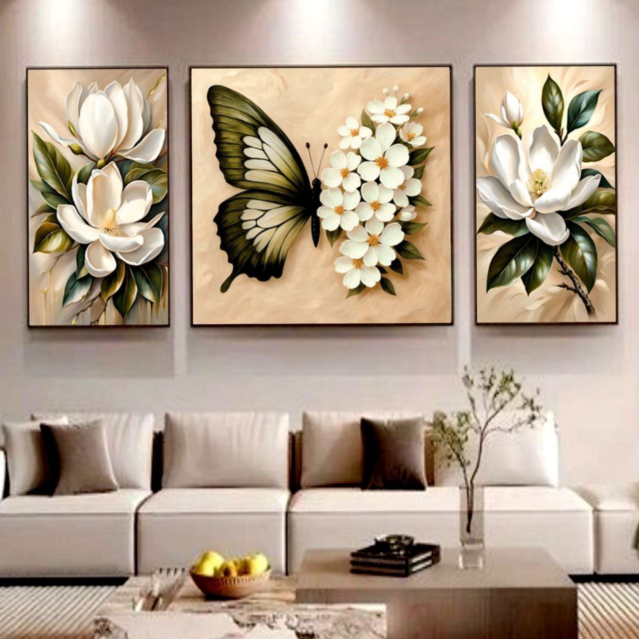تابلو دکوراتیو سه تیکه مدرن طرح گل و پروانه مدل رومینا کد ۰۰۰۶۴۲۲