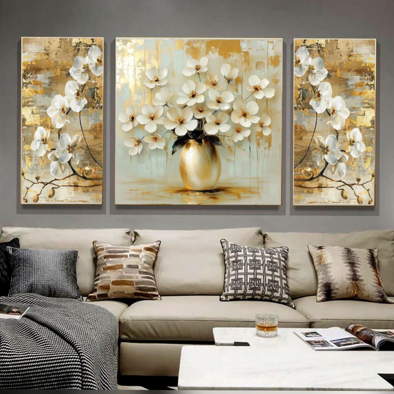 تابلو دکوراتیو سه تیکه طرح مدرن مدل گلدان و گلهای بهاری کد ۰۰۰۷۶۵۴