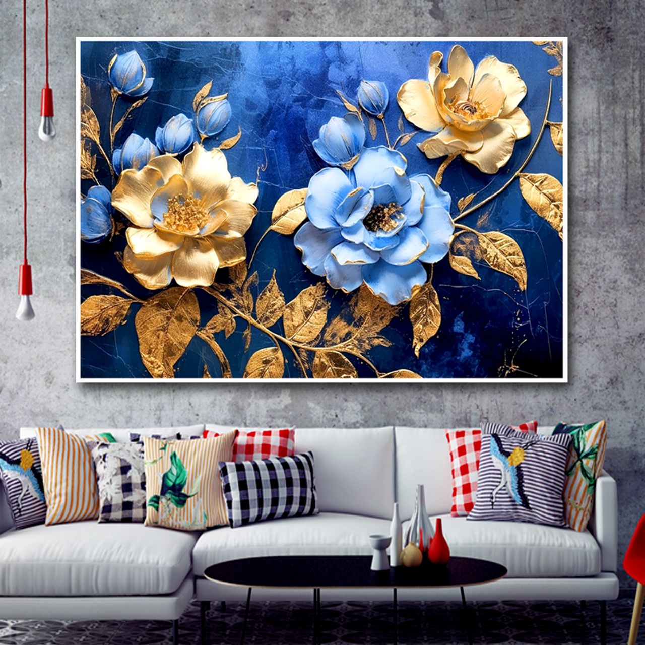 تابلو دکوراتیو مینیمال سه بعدی طرح گل های آبی کدu67