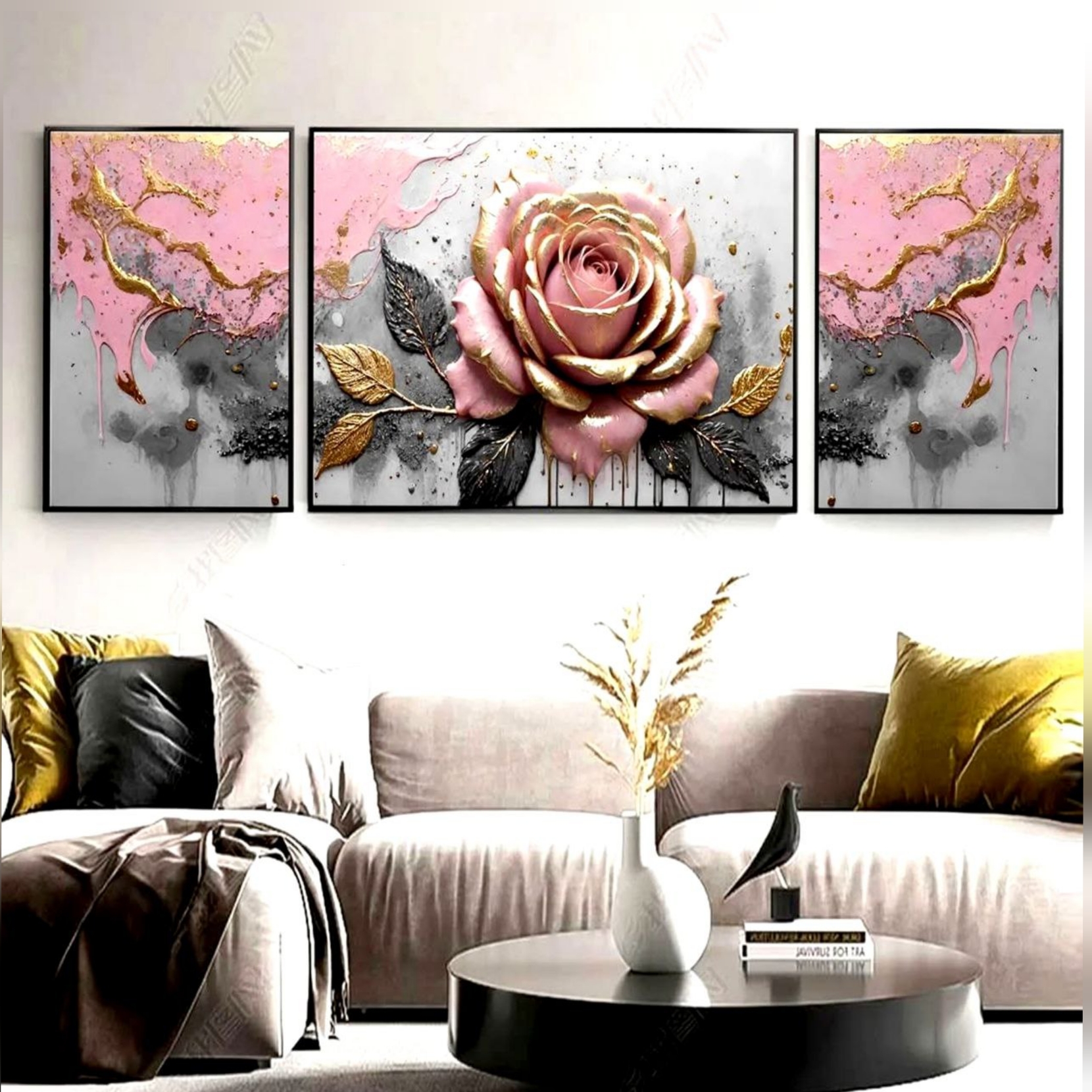 تابلو دکوراتیو ۳تیکه مدرن طرح گل ترلان صورتی کد ۹۵۴۳۲