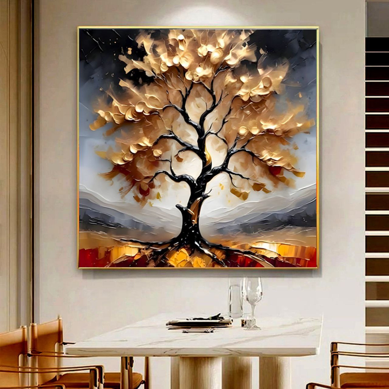 تابلو دکوراتیو مینیمال سه بعدی طرح  برگ های طلا کد k865