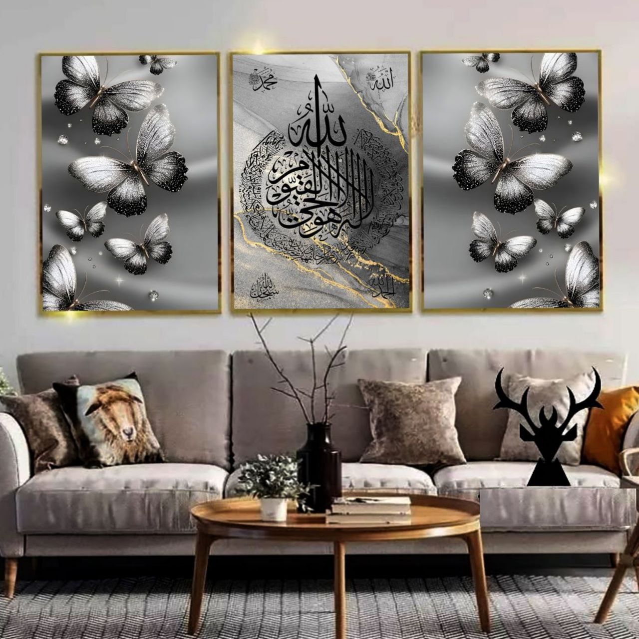 تابلو دکوراتیو ۳تیکه مدرن طرح آیت الکرسی مدل پروانه تم طوسی کد ۰۰۰۳۴۵۵۶