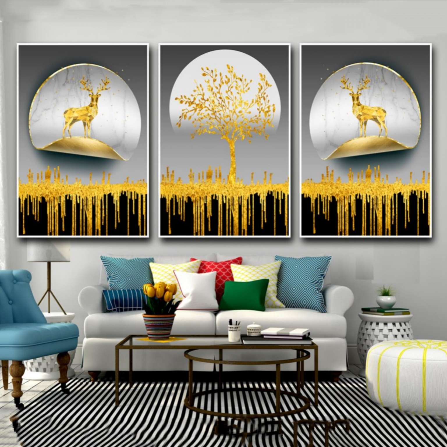 تابلو دکوراتیو ۳تیکه مدرن طرح درخت طلا کد ۰۰۰۰۹۰۲۵