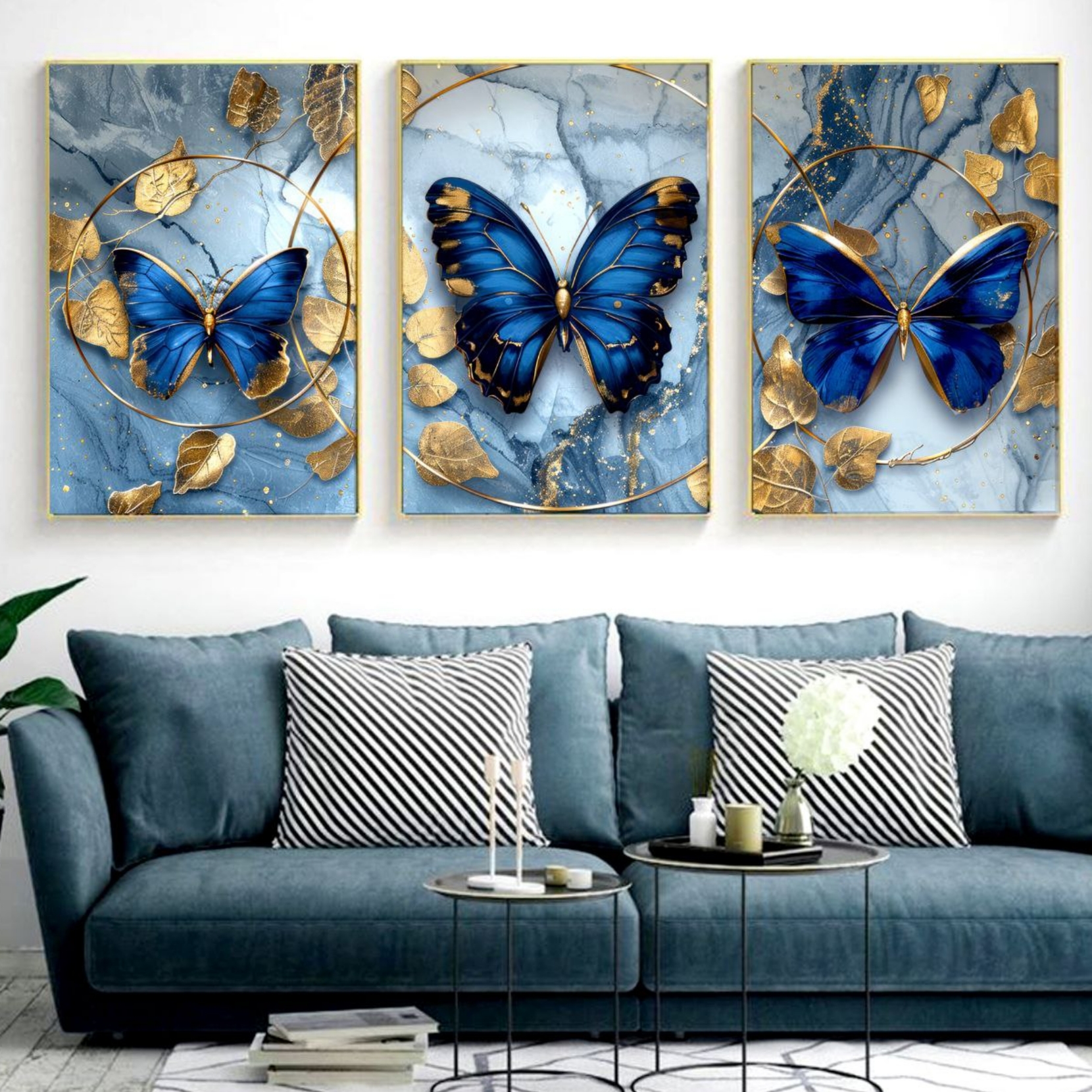 تابلو دکوراتیو ۳تیکه مدرن طرح پروانه های آبی کد۲۰۷۴۰