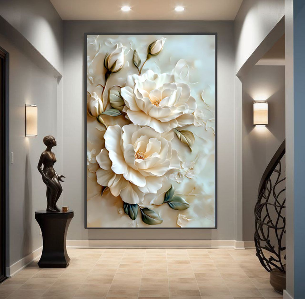 تابلو دکوراتیو مینیمال سه بعدی طرح گل های رز سفید کد g1