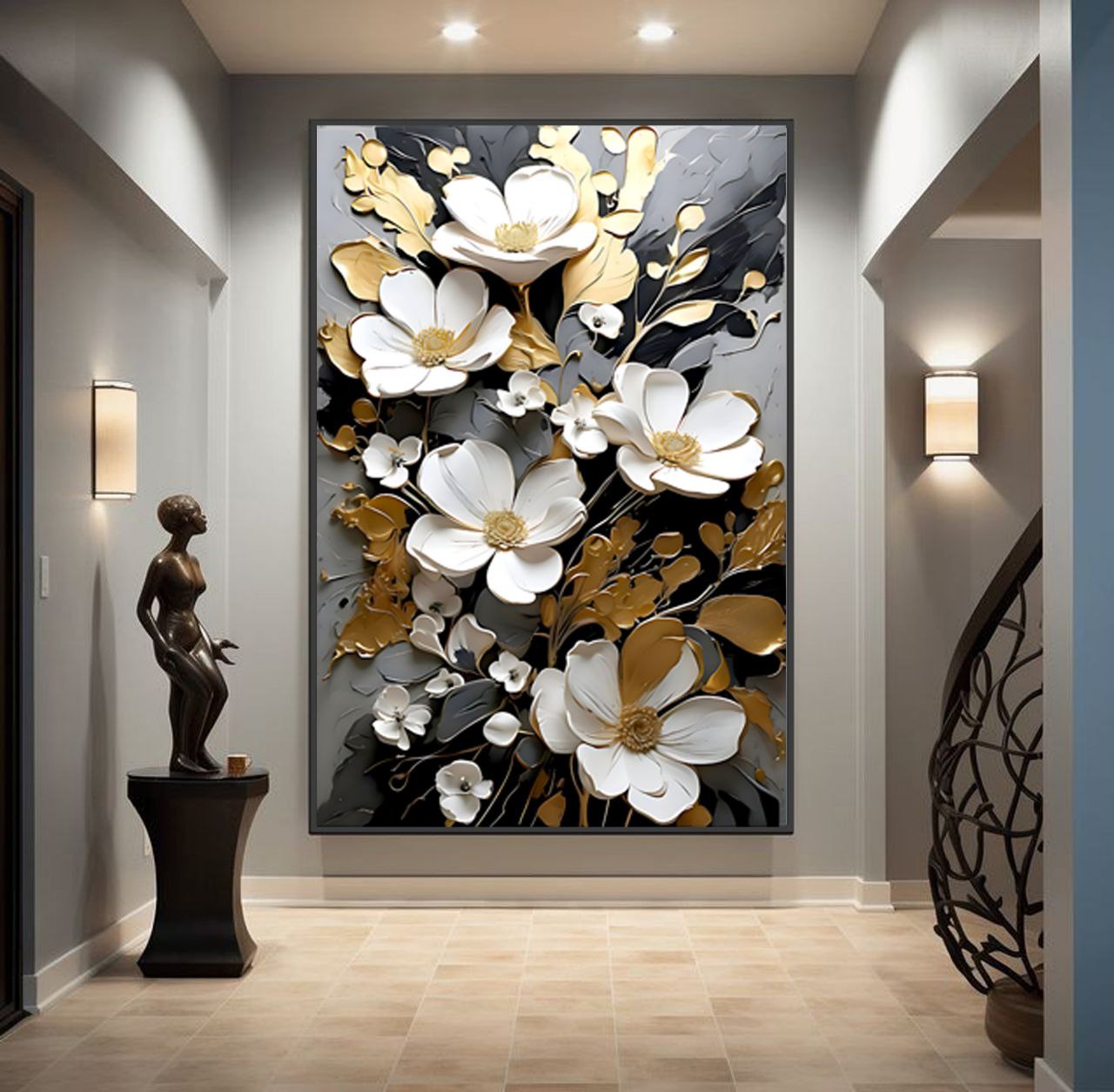 تابلو دکوراتیو مینیمال سه بعدی طرح گل های شکوفه های طلا کدk34