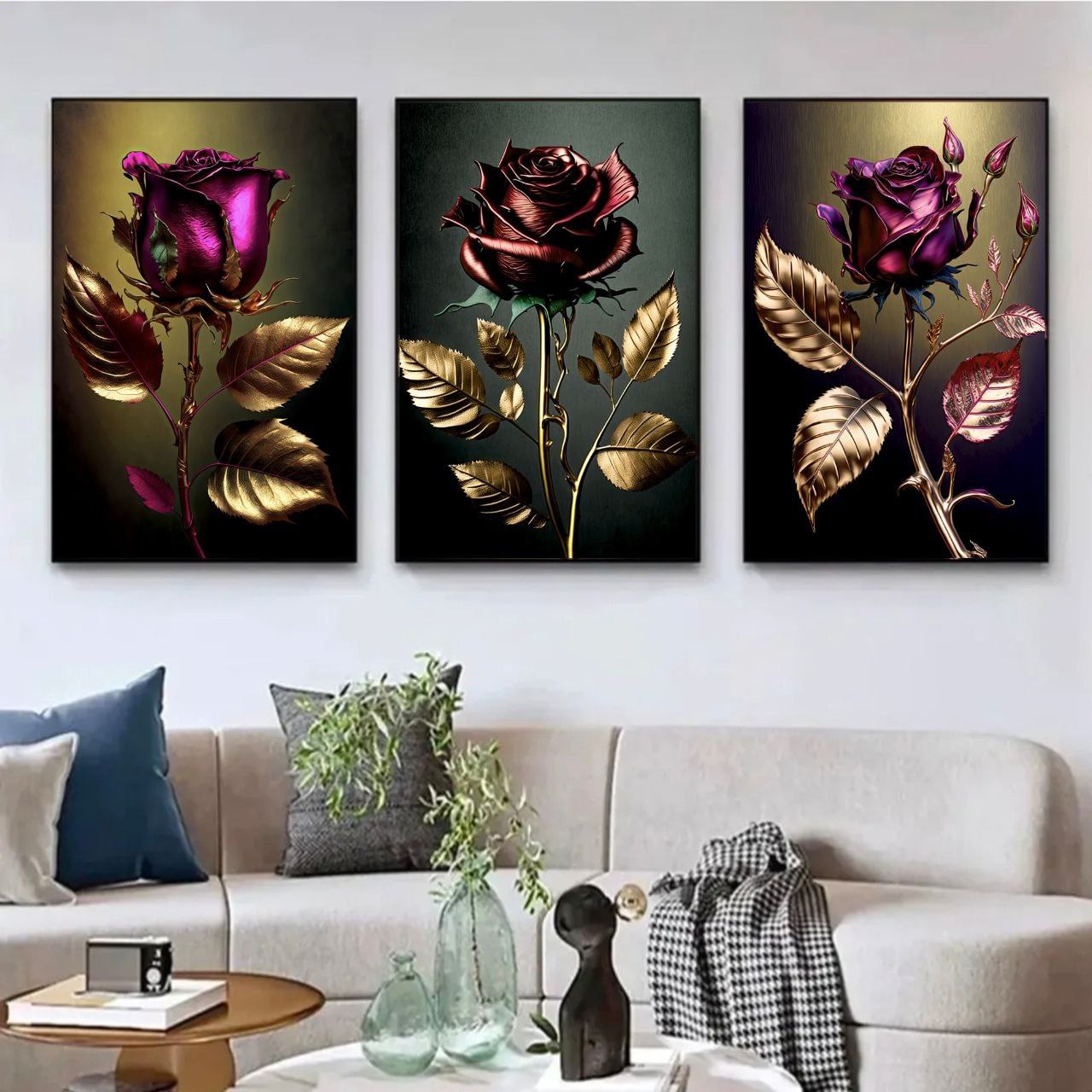 تابلو دکوراتیو ۳تیکه مدرن طرح گل مدل تاپ تم بنفش کد ۰۰۰۱۳۹۸