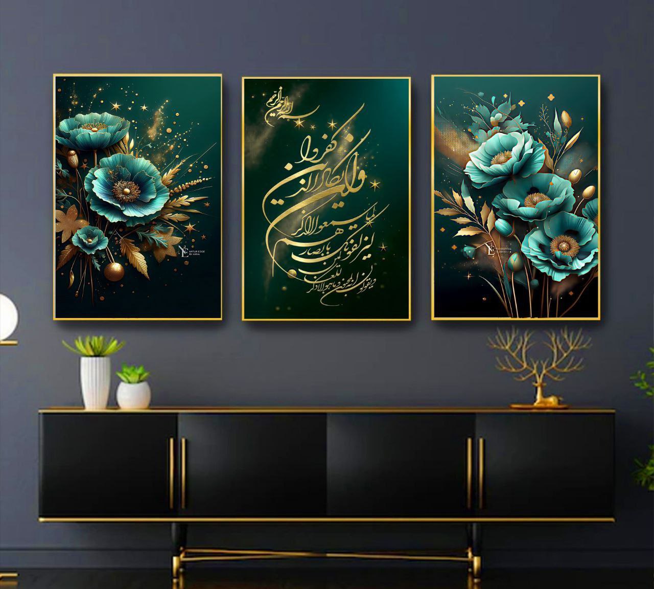 تابلو دکوراتیو ۳تیکه مدرن طرح وان یکاد مدل گل تم سبزآبی کد۰۰۰۶۱۷۳