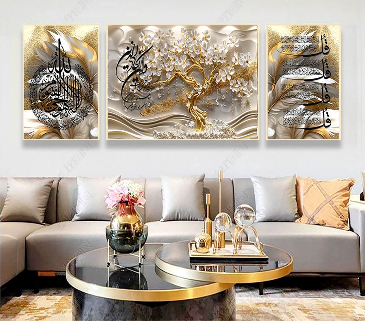 تابلو دکوراتیو ۳تیکه مدرن طرح شکوفه های درخت تم معنوی کد۰۰۸۷۵۹۹